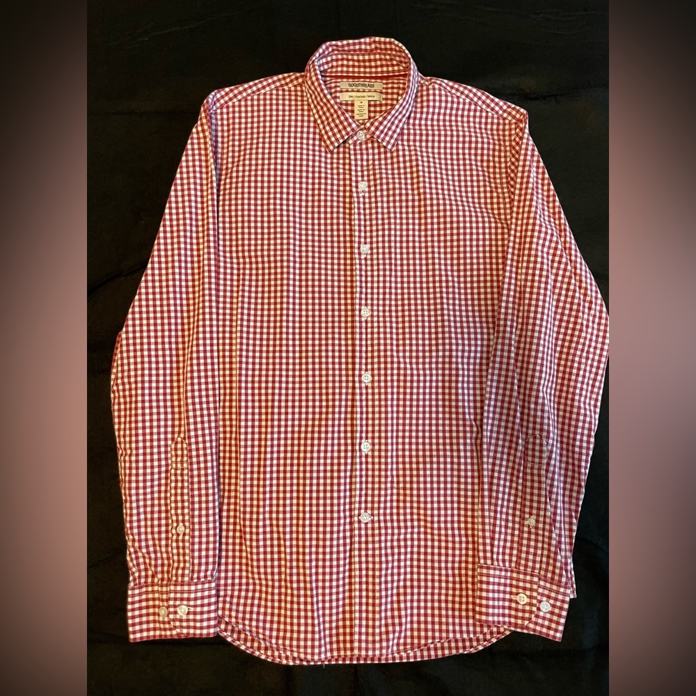 GoodThreads Mens Slim Fit Red/White Checkered Long Sleeve Button Down Shirt